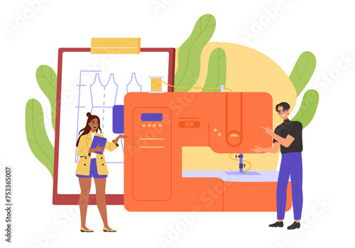 Dress design development concept. Man and woman near sewing machine. Seamstresses and tailors at workplace. Workshop or studio. Cartoon flat vector illustration isolated on white background