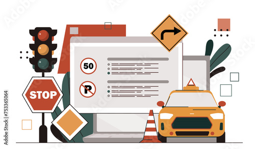Driving school concept. Yellow car near drive license and safety roadsigns. Education and learning, practicing. Auto and transport. Cartoon flat vector illustration isolated on white background