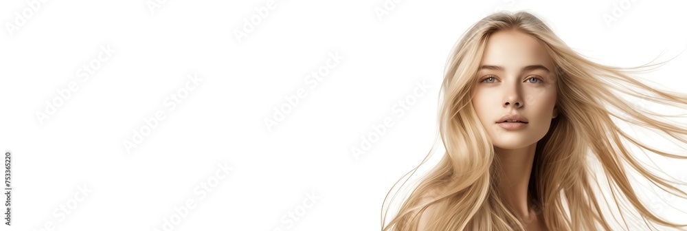 Obraz premium Portrait of a blonde girl with long healthy hair blowing in the wind on a white background, banner with copy space. concept of natural cosmetics for hair and body.