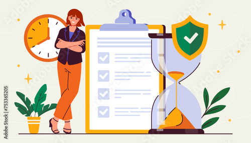 Woman with efficiency. Young girl near tasks in notepad and clocks. Time management, scheduling and planning. Organizing efficient work process, motivation. Cartoon flat vector illustraton
