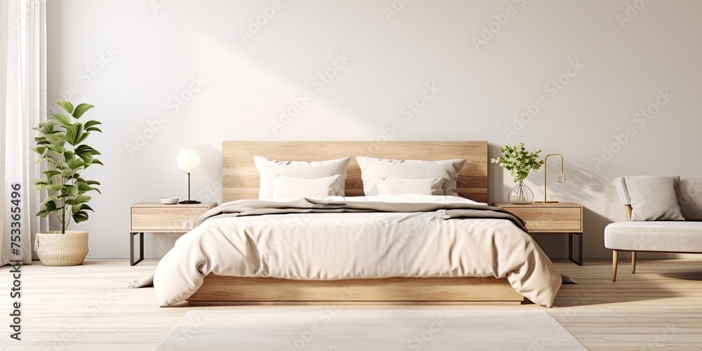 Fototapeta premium Light bedroom with bedside tables and big bed
