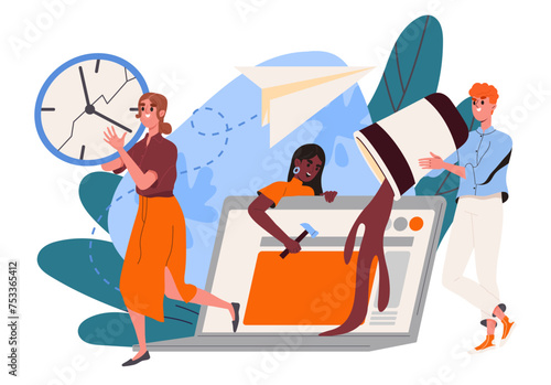 Employees brawling at workplace. Bad atmosphere in company or organization. Men and woman broke laptop with coffee cup and hammer. Cartoon flat vector illustration isolated on white background