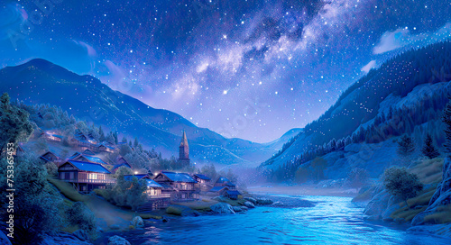 Rural Village Under Milky Way Night Sky 🌌🏞️ | Serene Landscape Photo Capturing Tranquil Beauty and Celestial Glow
