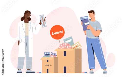 Expired medicines concept. Man and woman near cardboard boxes with tablets. Doctors with bad pills. Pharmacy workers with goods. Cartoon flat vector illustration isolated on white background