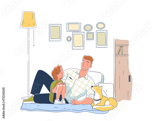 Man with daughter at home simple. Father with girl and dog lying at sofa at floor. Good relations in family. Love and care. Doodle flat vector illustraton isolated on white background