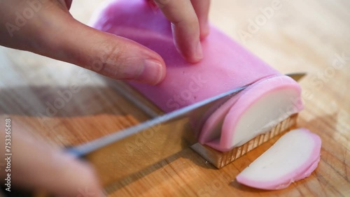 slicing kamaboko
