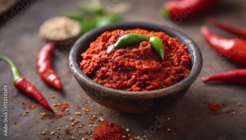view of Sambal pedas is cayenne pepper and ground red chili with a stone mortar. Indonesian food