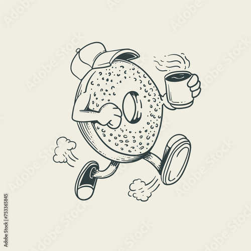Breakfast time with donut and coffee. Hand drawn vector 
