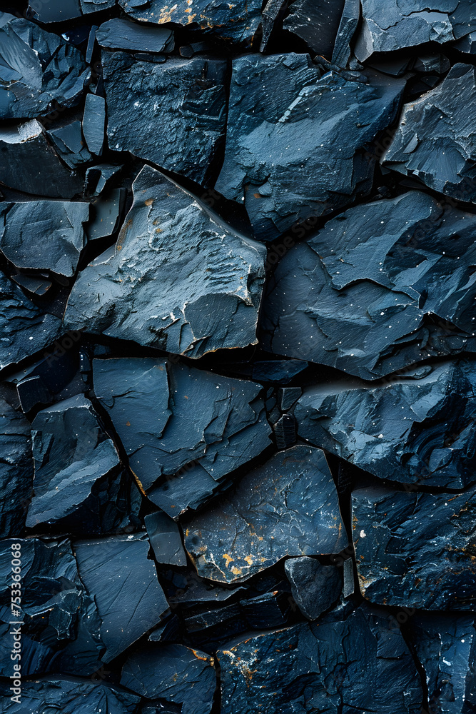 A detailed closeup of a wall constructed from black bedrock, showcasing a striking pattern of cobblestones with electric blue accents A detailed closeup of a wall constructed from black bedrock, showcasing a striking pattern of cobblestones with electric blue accents