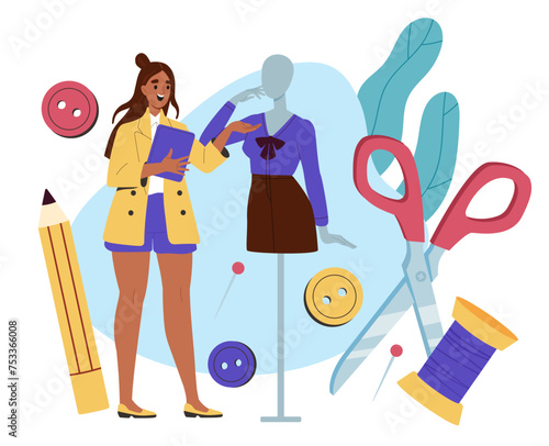 Fashion clothes designer with equipment. Woman with scissors, buttons and threads. Mannequin with blue jacket. Beauty and style. Cartoon flat vector illustration isolated on white background