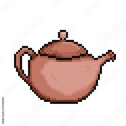 Ceramic traditional chinese or japanese tea pot. Pixel art retro vintage video game bit vector illustration. Simple flat cartoon art styled drawing isolated on square background. photo