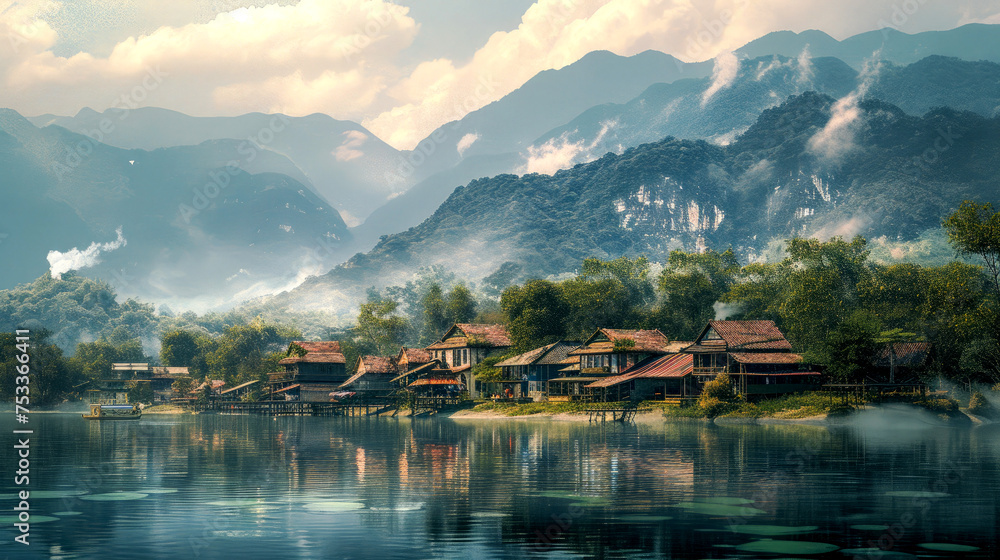 Fototapeta premium Quaint Village by River with Charming Rustic Homes 🏡🏞️ | Digital Illustration of Serene Rural Life and Majestic Mountain Views