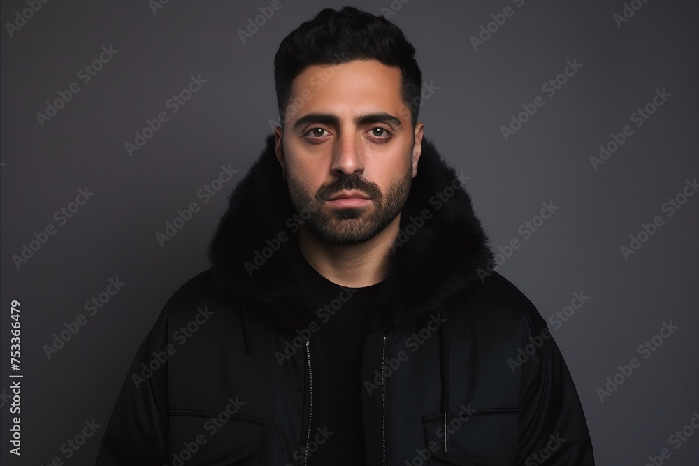 Portrait of a handsome young man in a black jacket and hood. Portrait of a handsome young man in a black jacket and hood.