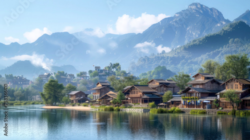 Serene Village by Lake Surrounded by Majestic Mountains 🌄🏞️   Tranquil Landscape Illustration with Reflective Water Views © Elzerl
