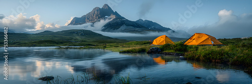 Two Tents pitched up in the Highlands. Camping,
Landscape scene at night with tent on a green meadow with snowcovered mountains
