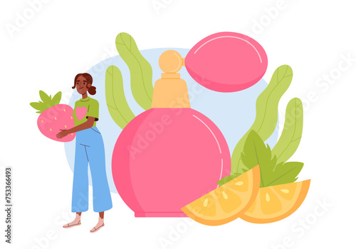 Woman with perfume. Young girl with bottle near slies of lemons and straberries. Fragnance and cologne with good aroma and spell. Cartoon flat vector illustration isolated on white background
