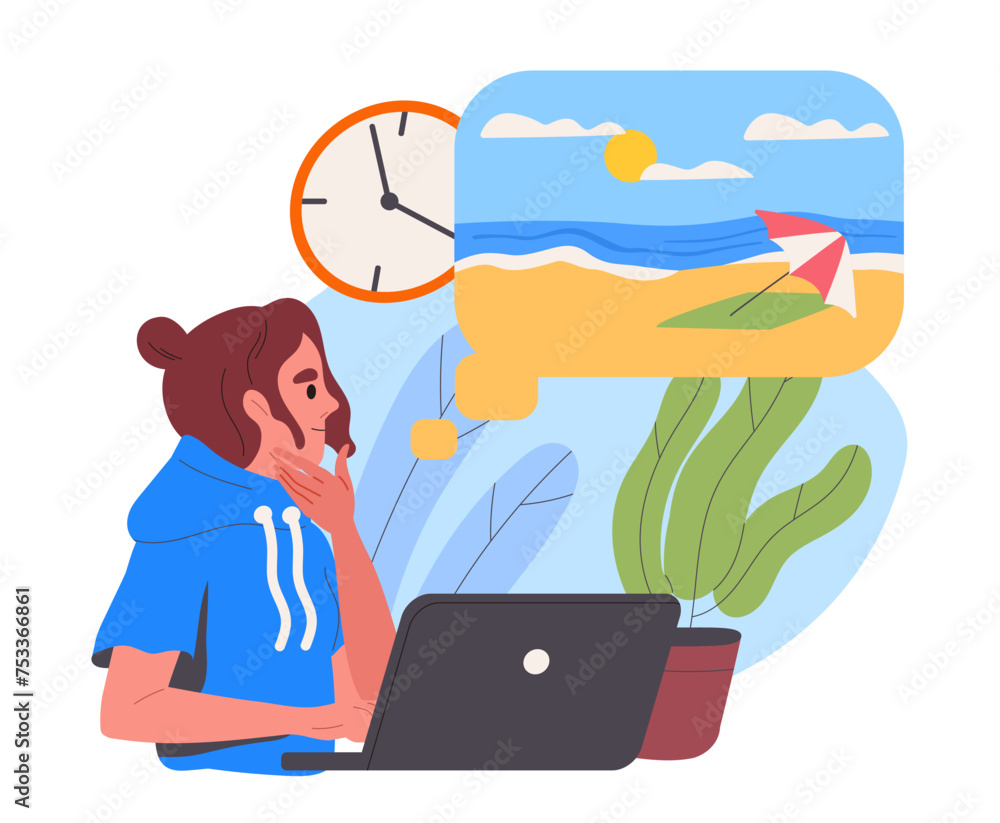 Woman wants to go on vacation. Young girl with laptops dream about coastline with sand. Tropical and exotic countries and islands. Cartoon flat vector illustration isolated on white background