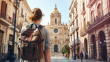 Back view of a traveler admiring a grand cathedral in Spain, embodying the essence of travel and cultural exploration.