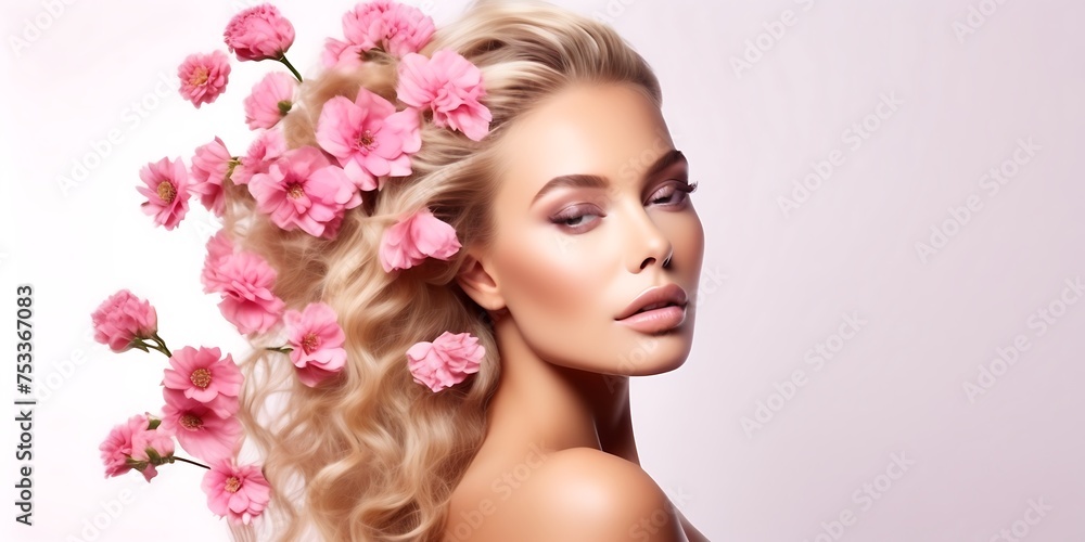 Beauty Art blonde girl with pink flowers in lush hair and professional makeup, on a studio white background with copy space. The concept of natural cosmetics and cosmetology.