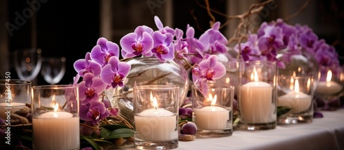 Decorative arrangements for wedding tables featuring orchids and candles