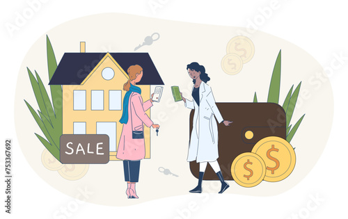 House for sale simple. Women with wallet with banknotes and golden coins near building. Deal with real estate and private property. Doodle flat vector illustration isolated on white background