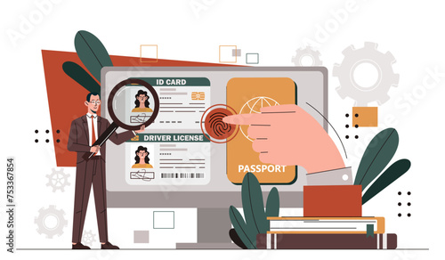 ID biometric documents. Man with magnifying glass near fingerprint scanner. Safety and security of personal data. Businessman with authentication and authorization. Cartoon flat vector illustration photo