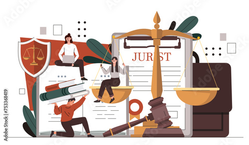 Concept of jurists. Lawyers with documents, judge gavels and weights. Legal support for agreement. Regulations and laws, judgement. Cartoon flat vector illustration isolated on white background