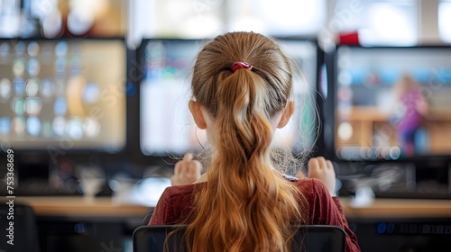 Concentrated Young Girl with Ponytail Viewing Multiple Monitors in Back Button Focus Style photo