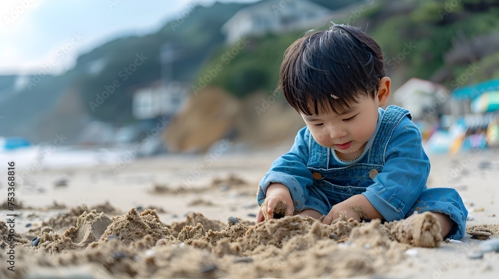 Happy Kid Playing with Sand on the Beach Happy Kid Playing with Sand on the Beach