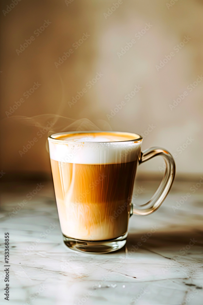 Rich Espresso Bliss, Perfectly Poured Latte in Glass Mug 🌟 Ideal for Coffee Enthusiasts - Soft Neutral Gray Rich Espresso Bliss, Perfectly Poured Latte in Glass Mug 🌟 Ideal for Coffee Enthusiasts - Soft Neutral Gray