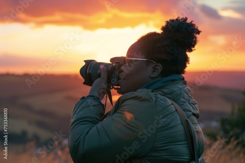 Photographer capturing the sunset in a field with a camera.