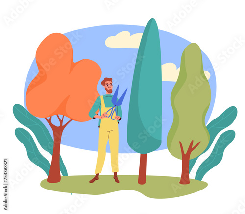 Man cuts trees with pruner. Gardening and horticulture. Young guy in uniform in garden at backyard. Farming and agriculture, botany. Cartoon flat vector illustration isolated on white background
