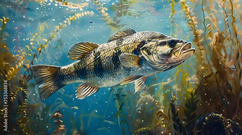 Hyper-Detailed Painting of a Bass in Shallow Water with Ferns