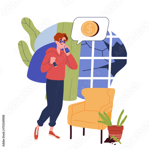 Man steals from house concept. Young guy with bag of items and money stand inside room. Character in black mask with robbery. Cartoon flat vector illustration isolated on white background