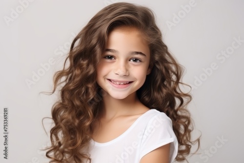 Portrait of a cute little girl with long curly hair on gray background