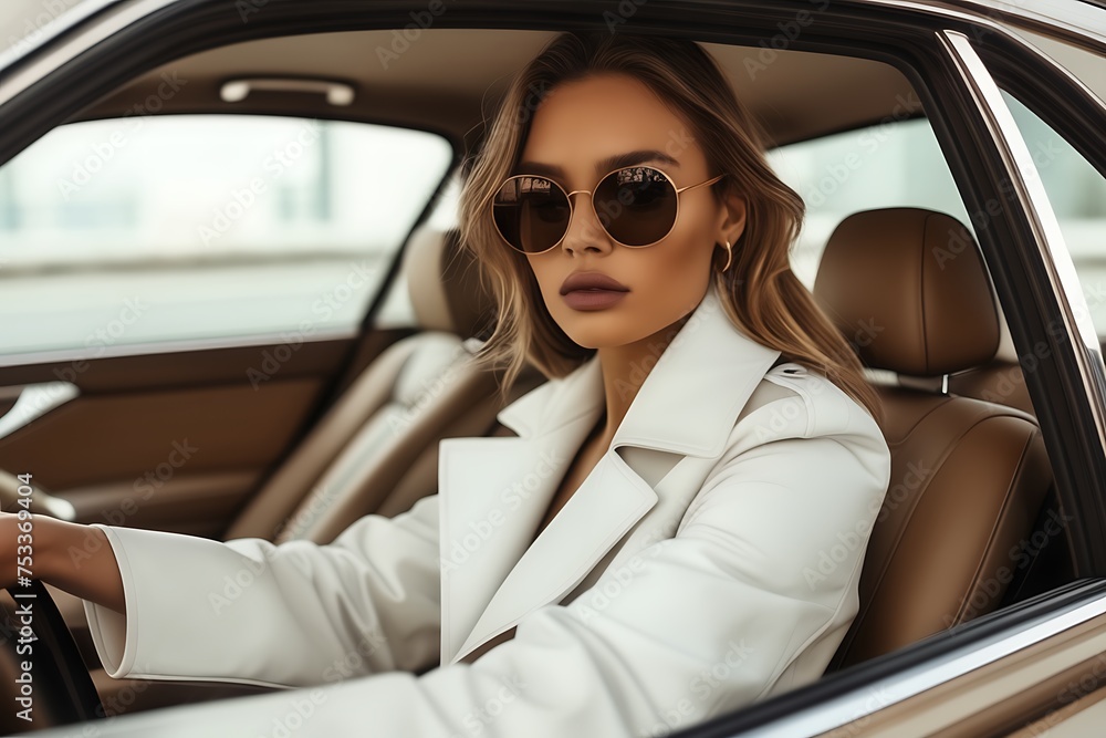 Stylish female model wearing a white trench coat and sunglasses sits in a brown coupe luxury car, luxury style Stylish female model wearing a white trench coat and sunglasses sits in a brown coupe luxury car, luxury style