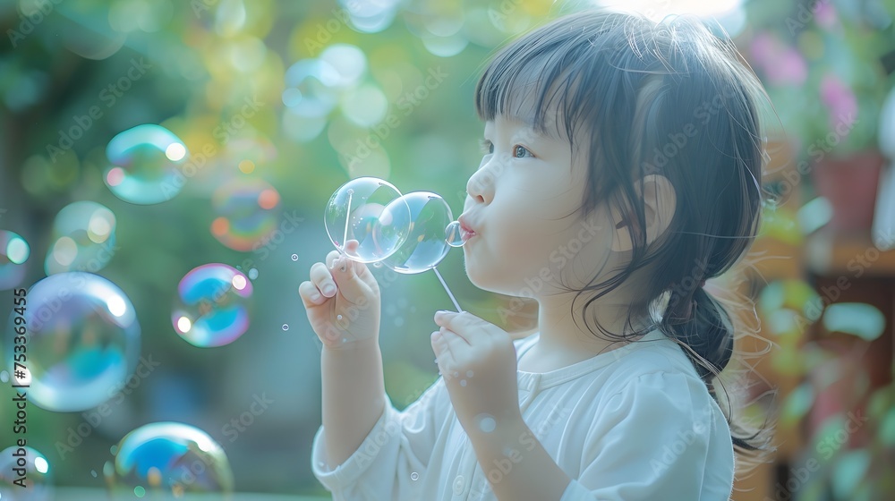 Young Girl Blowing Soap Bubbles Outside in Summer Young Girl Blowing Soap Bubbles Outside in Summer