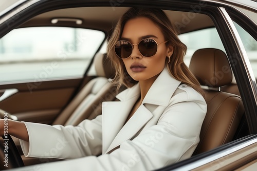 Stylish female model wearing a white trench coat and sunglasses sits in a brown coupe luxury car, luxury style © Marco