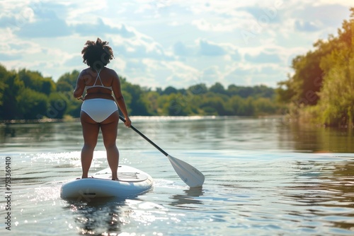 Plus-size African American woman paddleboarding on a river. Outdoor recreation, health, and well-being. © evgenia_lo