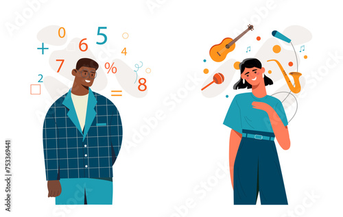 Mindset type set. Man with logical type of thinking and woman with creative mind. Numbers versus musical instruments. Cartoon flat vector collection isolated on white background