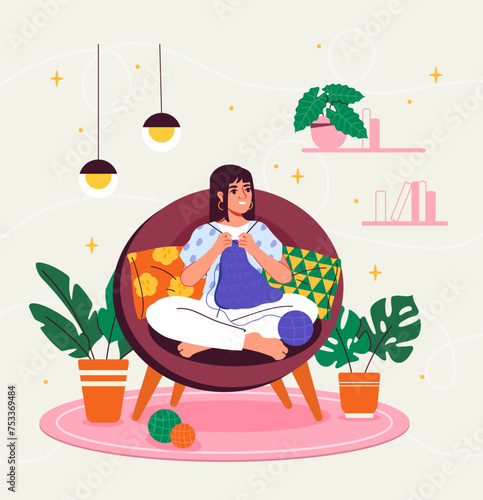 Woman with minimalist room design. Young girl sitting at chair with sewing items. Hobby and leisure indoor. Seamstress at home. Cartoon flat vector illustraton isolated on beige background