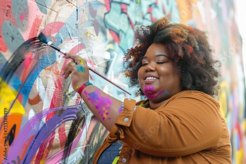 a plus-size African American woman painting a colorful mural, her art adding life to urban walls