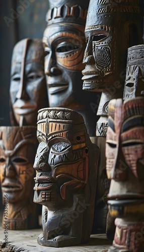 a group of wooden masks sitting next to each other