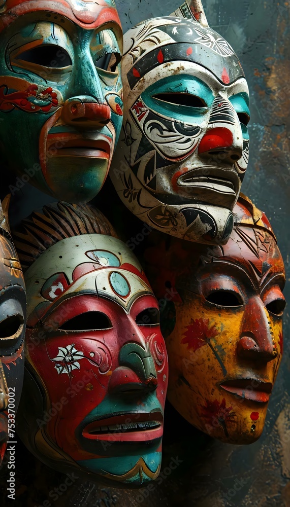a group of colorful masks sitting next to each other
