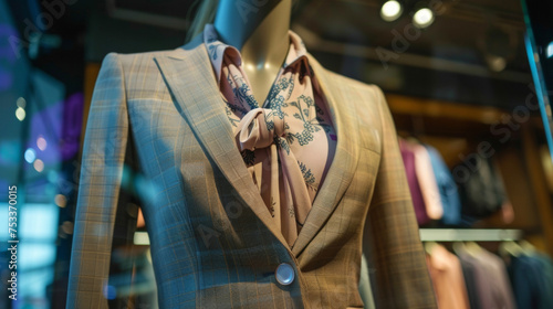 A closeup of a chic mannequin sporting a highneck blouse tailored blazer and slimfit trousers showcasing a sophisticated and professional look. photo