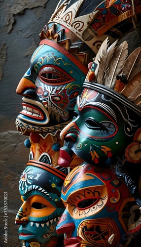 a group of colorful masks hanging from a wall