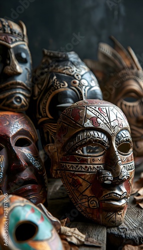 a group of masks sitting on top of a wooden table