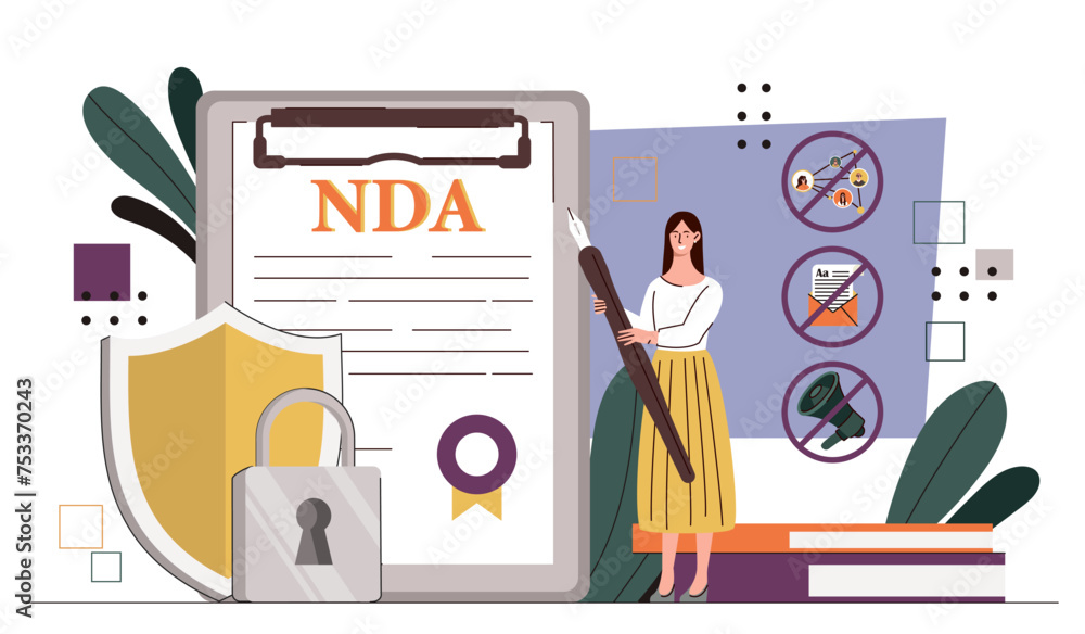 Non disclosure agreement concept. Worker with contract documents and agreements. Woman with patent and certificate. Cartoon flat vector illustration isolated on white background Non disclosure agreement concept. Worker with contract documents and agreements. Woman with patent and certificate. Cartoon flat vector illustration isolated on white background