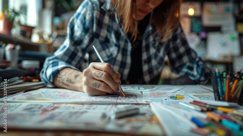 Fototapeta premium Creative female artist meticulously working on a detailed color palette in a vibrant art studio setting, artist drawing on colorful palette sheets.