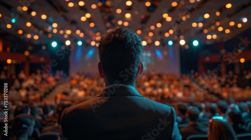 Rear view of a businessman attending a conference with a crowd of people and stage lights in the background, man attending a busy conference event.